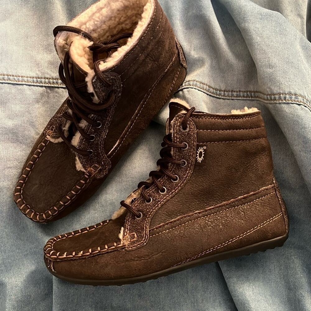 UGG Leather Lace Up Brown Booties